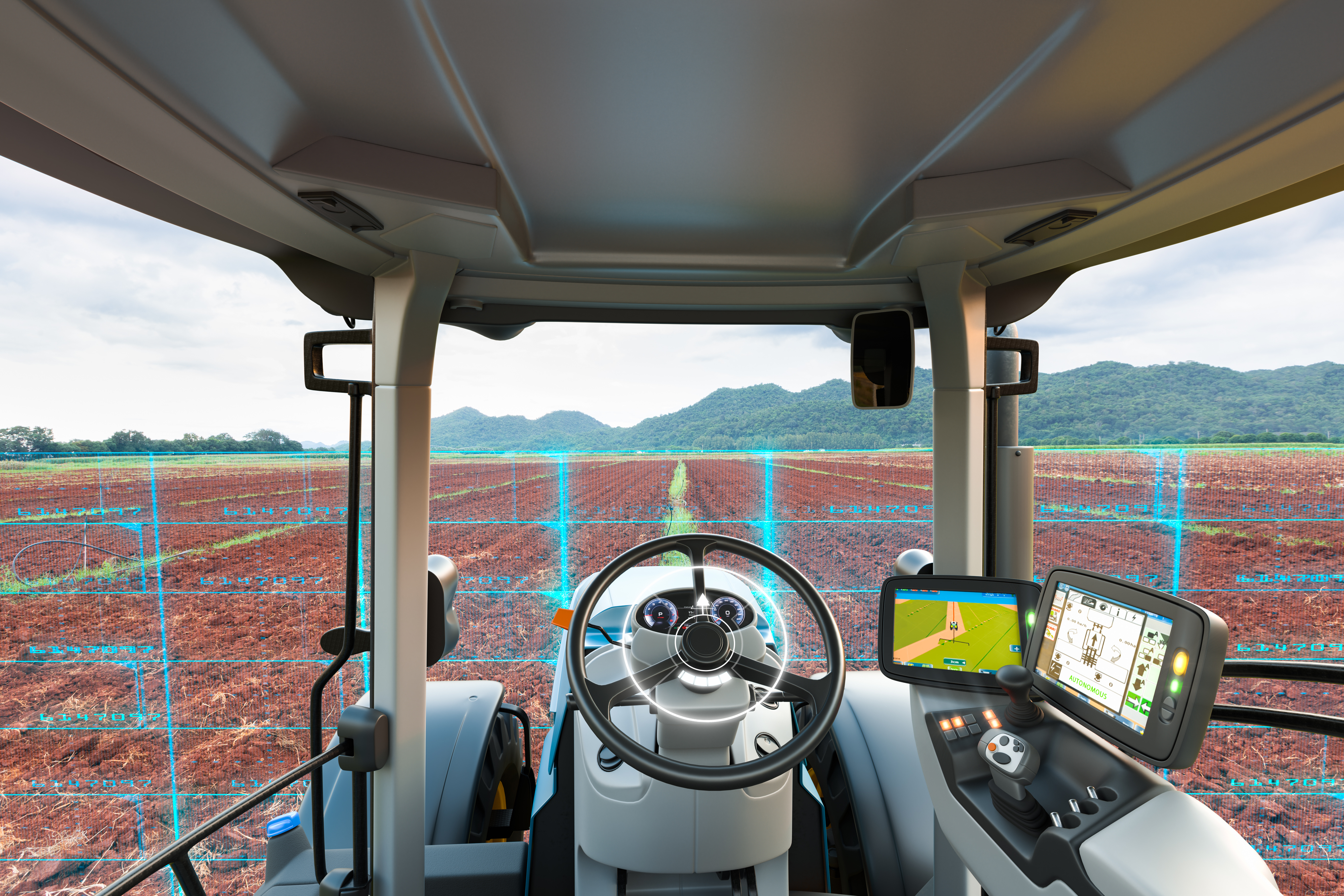 Zukunftstechnologie für die Landwirtschaft: Autonomer Traktor scannt landwirtschaftliche Fläche.